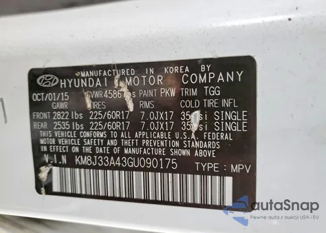 2016 Hyundai Tucson Limited z USA, uszkodzony, nr VIN KM8J33A43GU090175